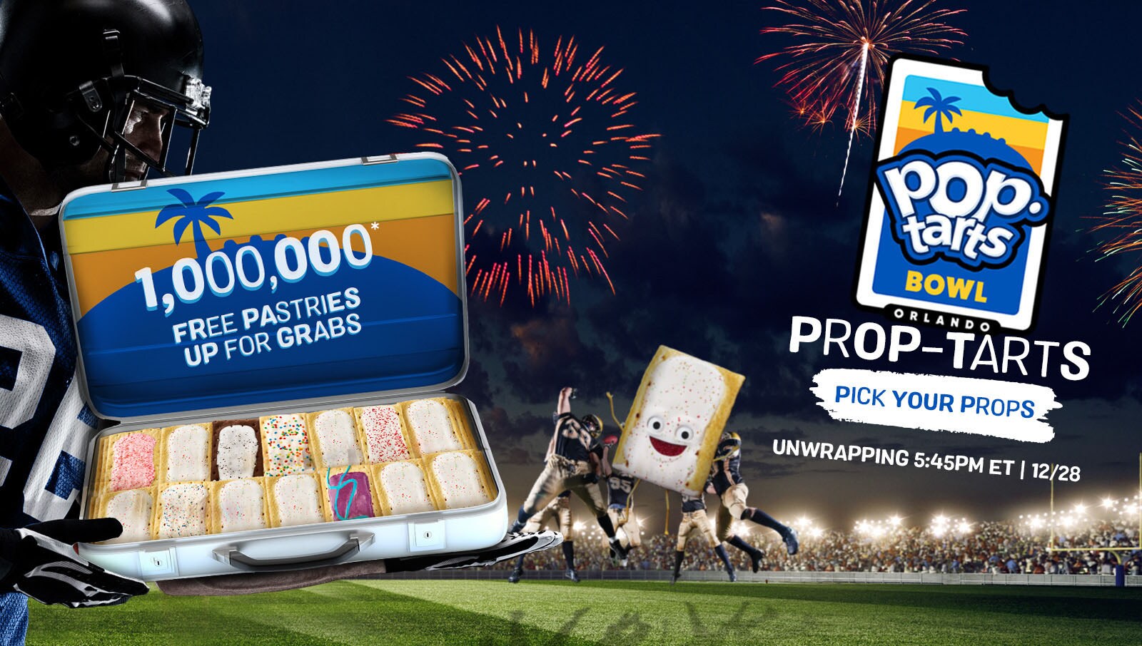 Football player holding an open suitcase full of Pop-Tarts with fireworks in the background. 1 million free pastries up for grabs. Pop-Tarts bowl Orlando pick your props, unwrapping 5 45PM ET 12-28