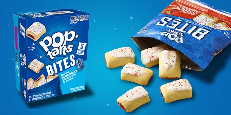 Pop-Tarts Blueberry Bites Package and Strawberry Bites on a blue background