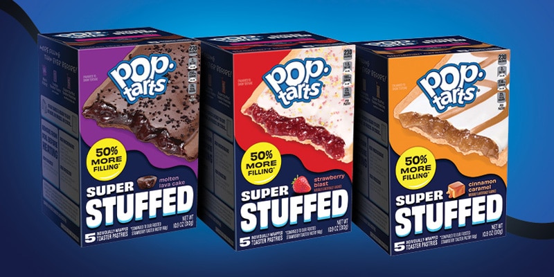 Three Pop-Tarts Super Stuffed boxes on a dark blue background.