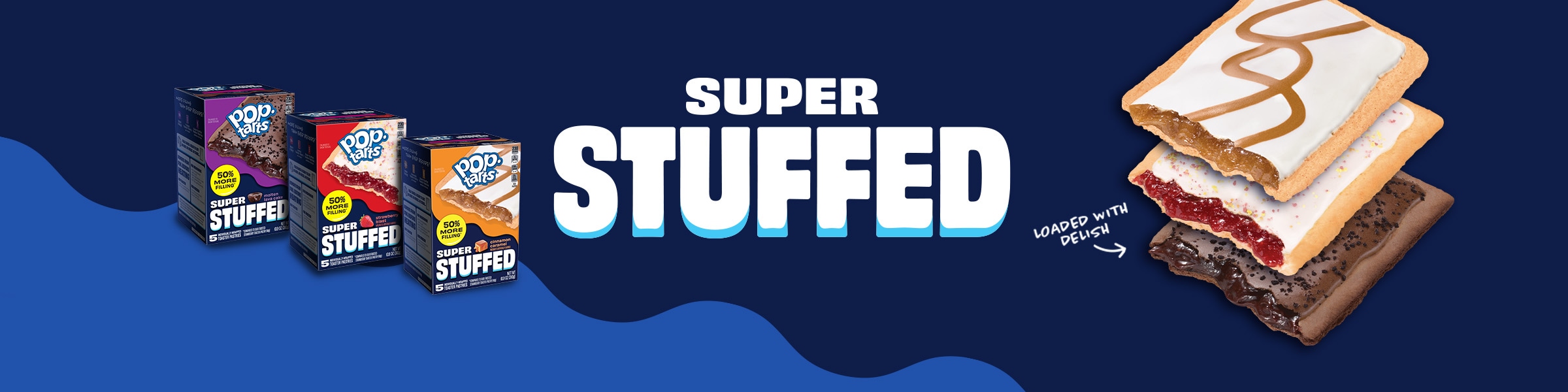 Pop-Tarts Super Stuffed packages with product closeup.